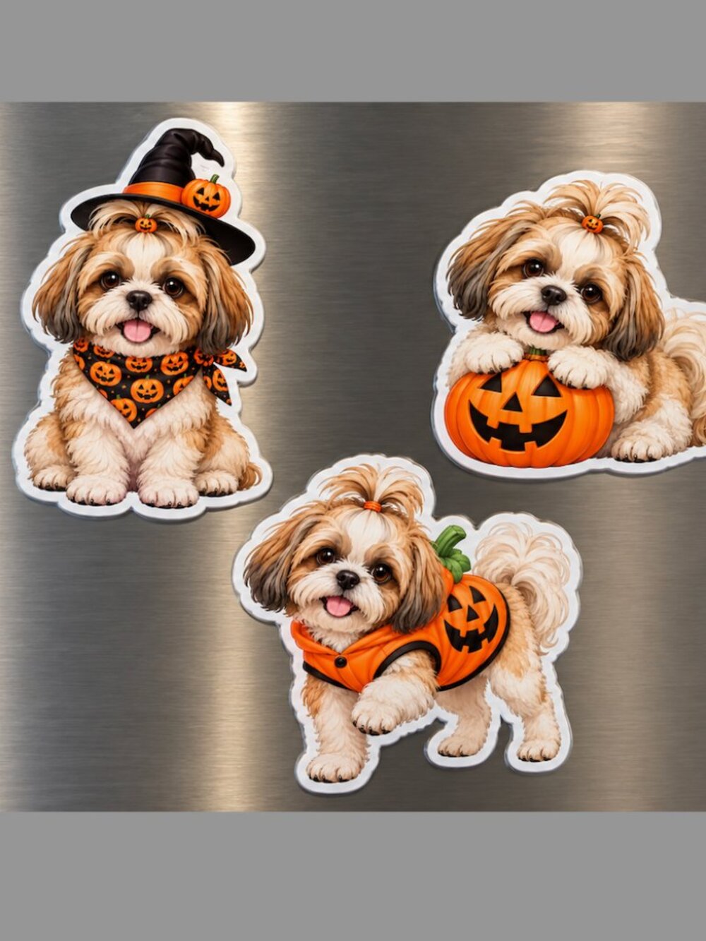 3 Shih Tzu Halloween Dog Magnets Pumpkin Puppy Refrigerator Fridge Decor Handmad